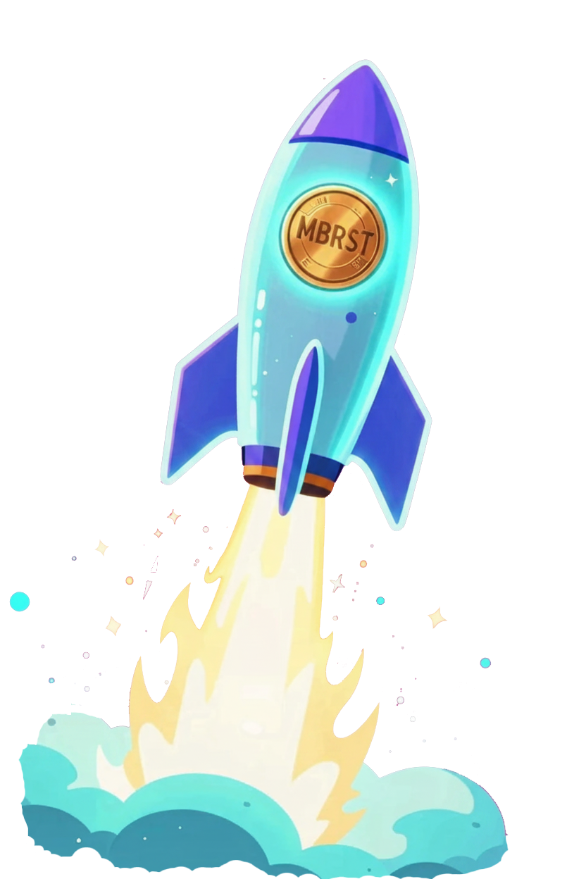 MOONBURST rocket mascot mid-launch with glowing coin core